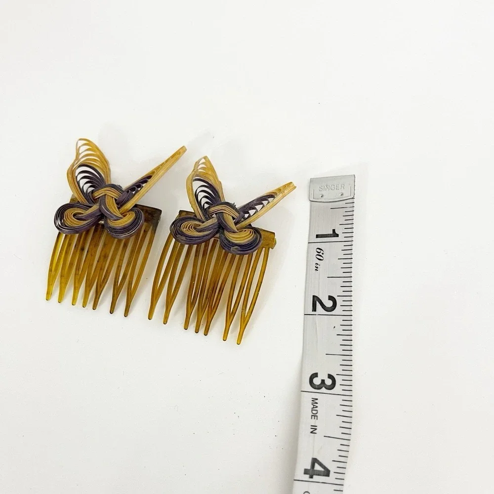 Vintage 80s Wooden Butterfly Comb Clips Set of 2 Plastic Nostalgia Casual Cutie